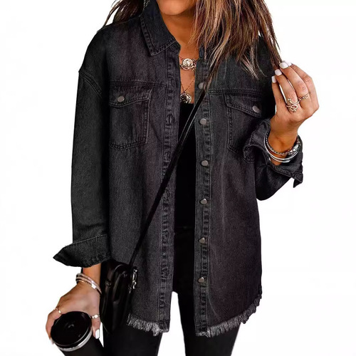 Cross-border New Washed Denim Shirt Jacket for Women—European and American Style, Autumn/Winter, Unique Streetwear, Frayed Hem, Women's Outerwear