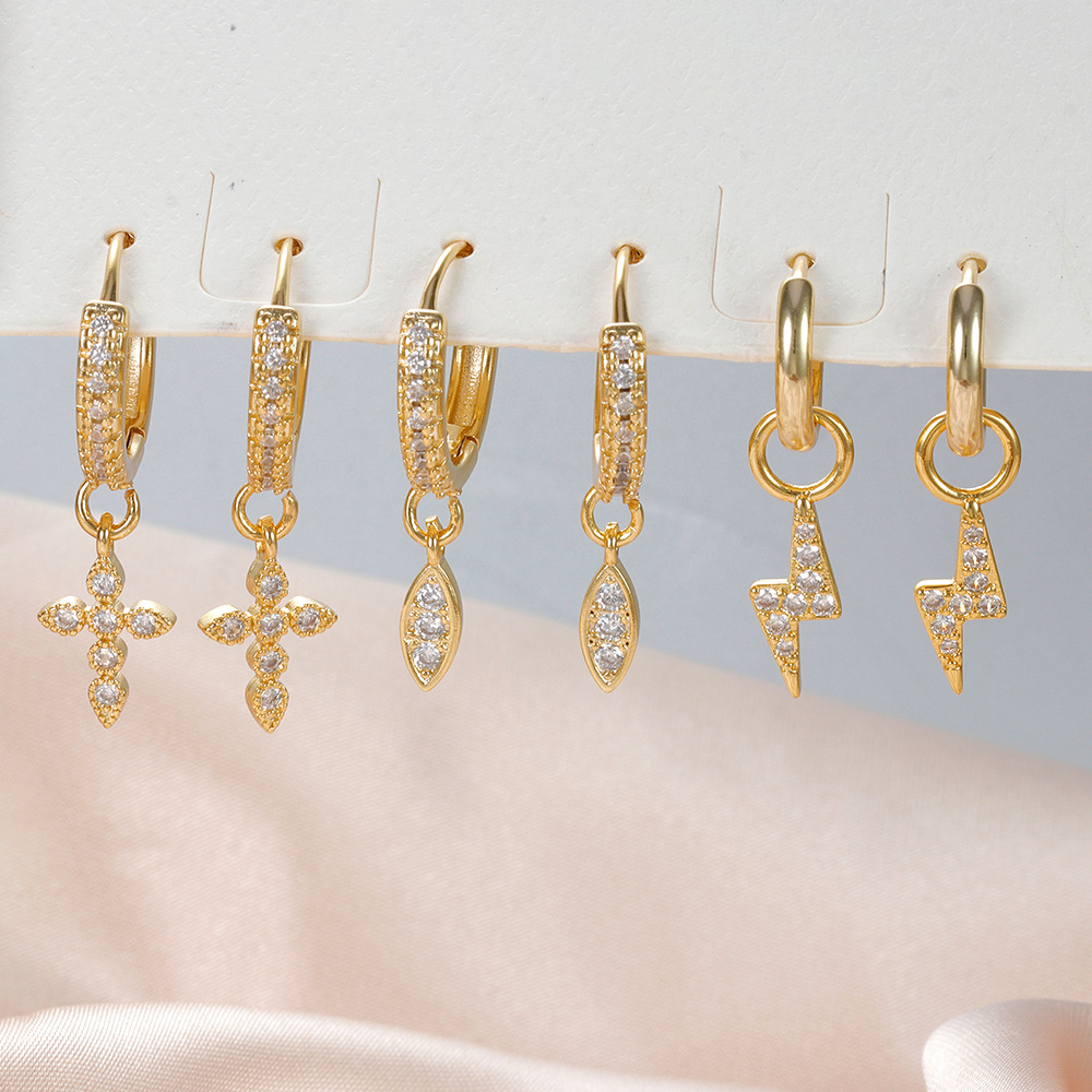 9g Weight Copper Ear Needle Material 18K Gold Plated Plating Material Zircon Inlay Material Charm Sleeper Hoop Earrings, Drop Earrings Classification 1 Pair Quantity Daily Occasion Copper Material Cross, Water Droplets, Lightning Pattern All Seasons Season Women's Gender Vintage Style Style 1 Pair Vintage Style Cross Water Droplets Lightning Copper Zircon 18K Gold Plated Drop Earrings 1