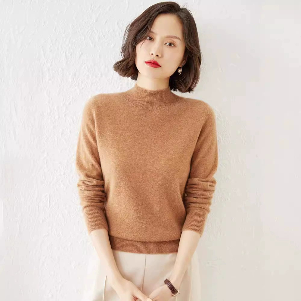 2024 осень и зима новый трикотаж с половиной водолазом свитер женский свободный дикий сплошной цветной пуловер с теплой нижней рубашкой