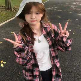 原版面料复古粉青色格纹衬衫女2026韩版气质宽松休闲显瘦衬衣外穿