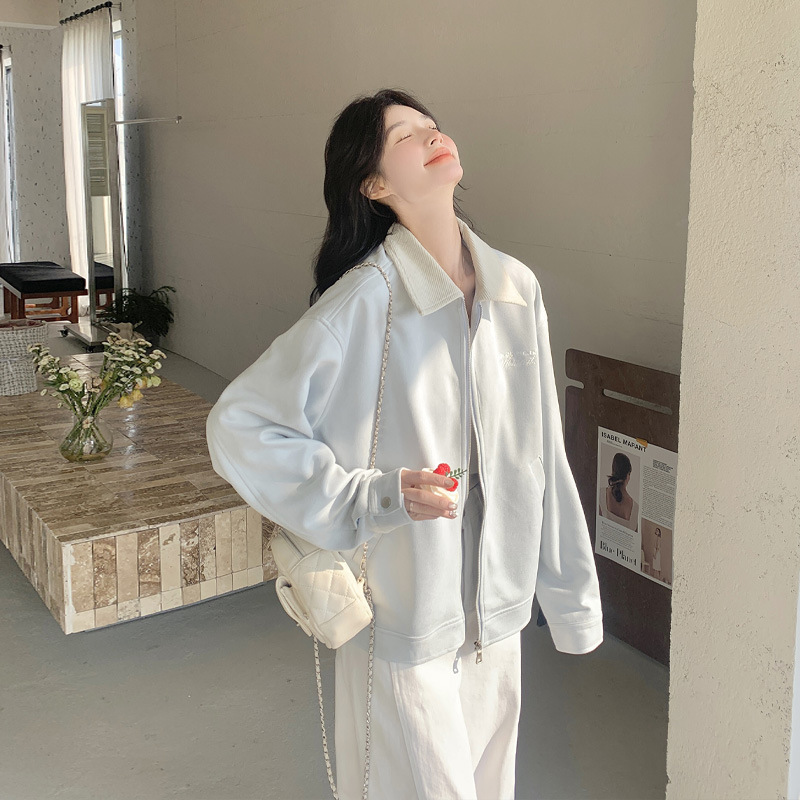 美式复古蓝色外套女士早秋季2025新款撞色翻领宽松夹克棒球服上衣|undefined