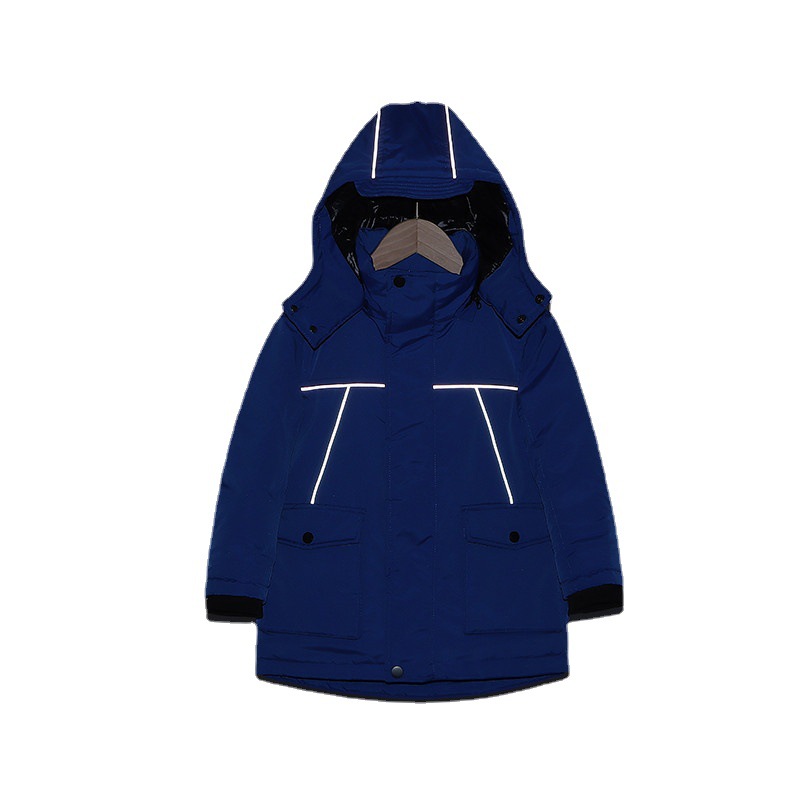 Mãe e filhos jaqueta infantil fluorescente faixa luminosa roupas meninos e meninas pato branco com capuz casaco grosso_voghion.com