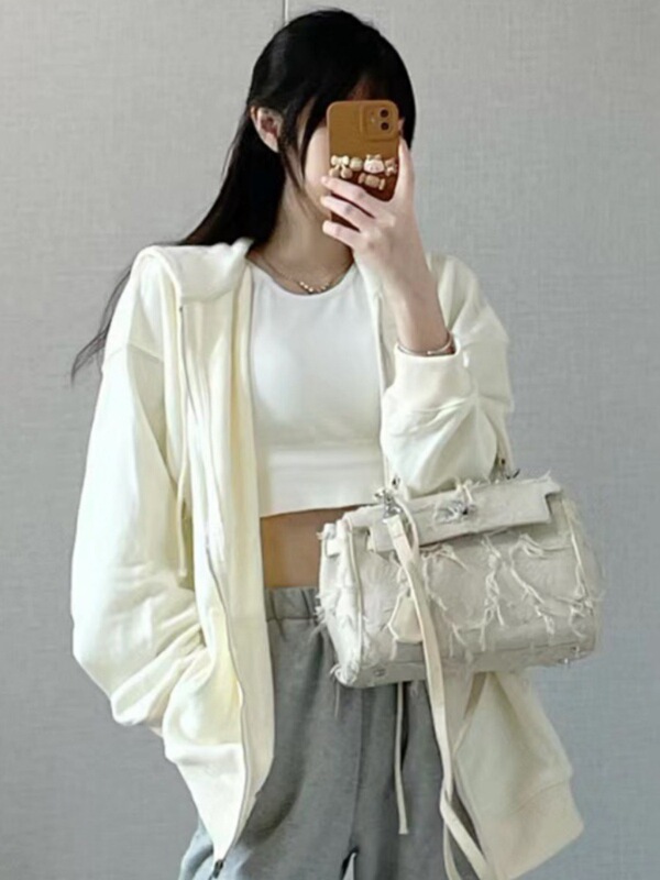 连帽卫衣外套女春秋季2025新款宽松遮肉显瘦浅灰色小个子运动开衫|undefined