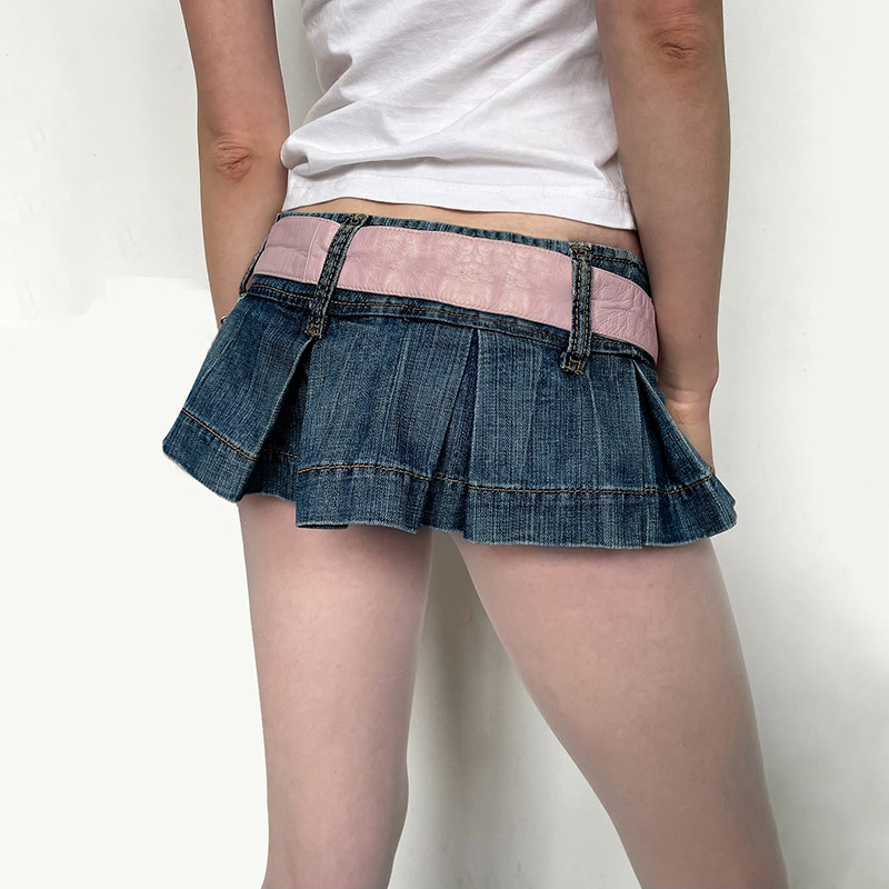 ホットガールスタイルの新しいファッションストリートピュアデニムミニスカート女性の小さなプリーツスリムローウエストスカート夏|undefined