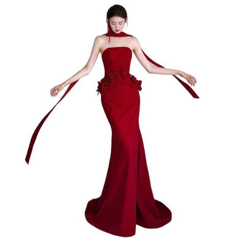 Elegant Burgundy Mermaid Evening Gown, Off-the-Shoulder Bridal Reception Dress For Wedding Banquet & Formal Parties_ecoleips.com