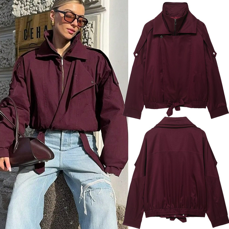 Cross-Border Women's Autumn New European and American Retro Style Fashion Versatile Double-Collar Jacket with Long Sleeves Coat