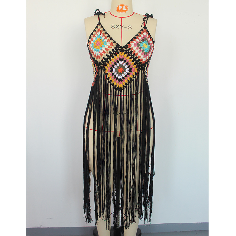Sexy Hand Crocheting Tassel Mid Length Bohemian White Beach Dress in Dresses