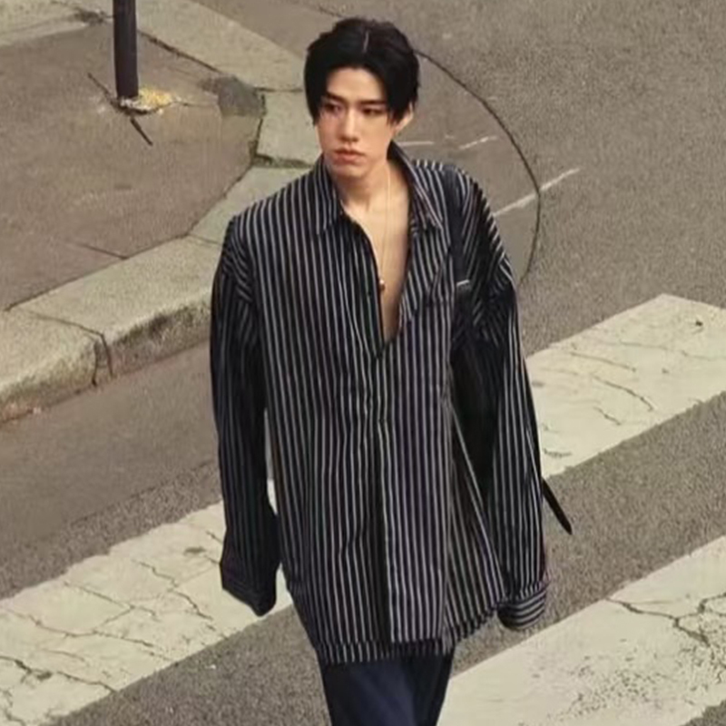 Paris Style VINTAGE Striped Lazy Loose Long-sleeved Shirt OS Casual Profile All-match Men's and Women's Shirt