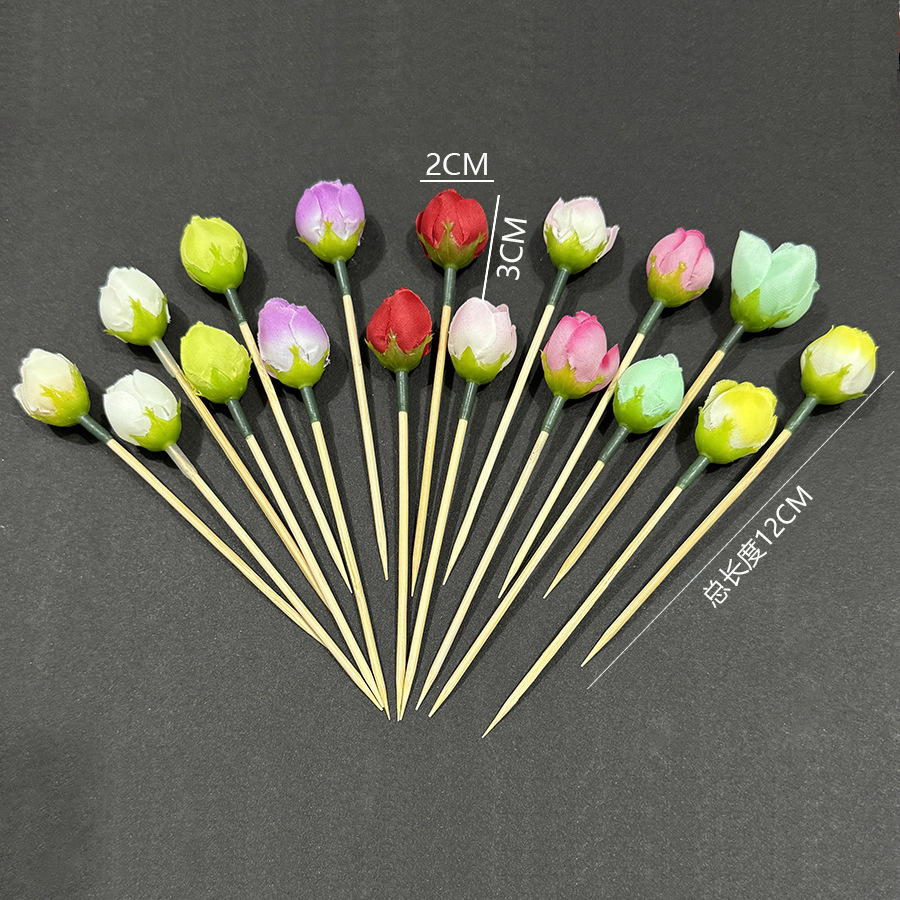 Decoraciones de platos fríos de rosas creativas, inserciones, botones pequeños de simulación, signos de frutas desechables, platos de frutas, decoración de postres