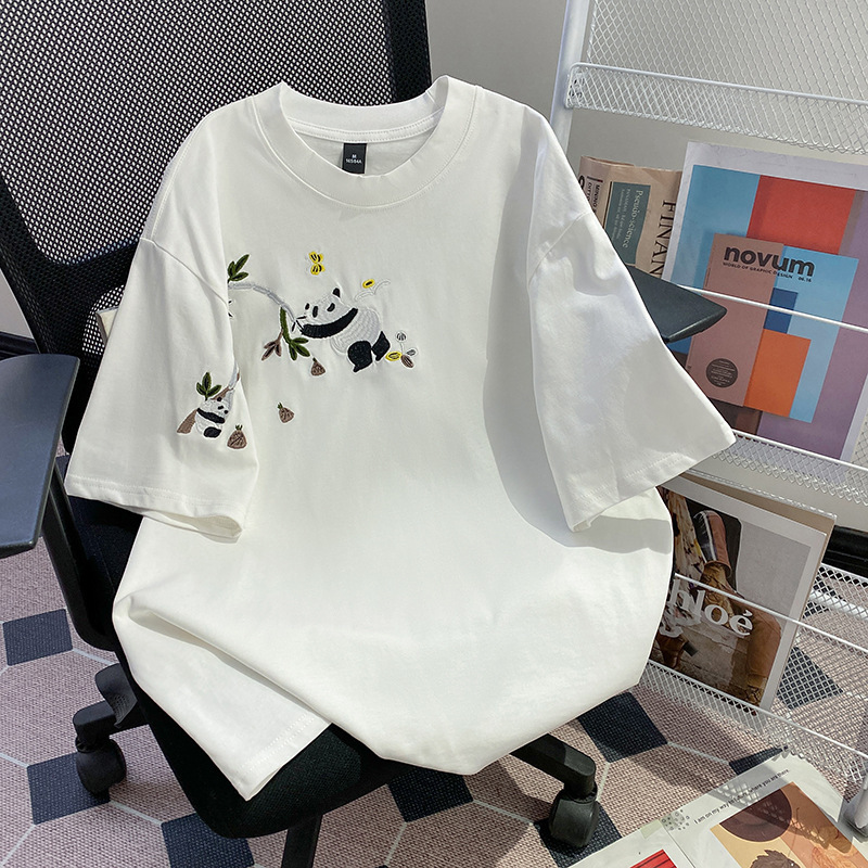 Unique Design Embroidered Panda Short-Sleeve T-Shirt for Women 2025 New Summer Loose National Fashion Right Shoulder Top