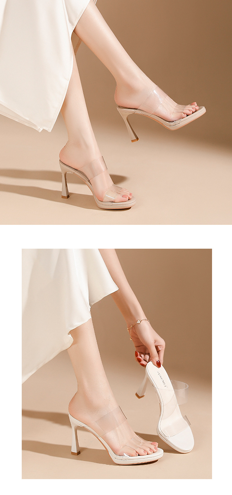 Sandal cao gót nữ mũi tròn quai ngang trong suốt, đế platform, gót 13 cm — Màu da-13cm chi tiết 6