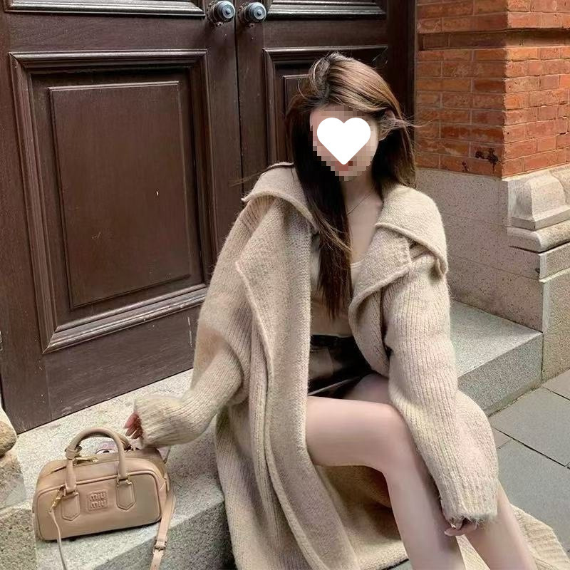 Autumn and Winter Thickened Knitted Lapel Coat, Loose New Style, Lazy Style Long Sweater Cardigan