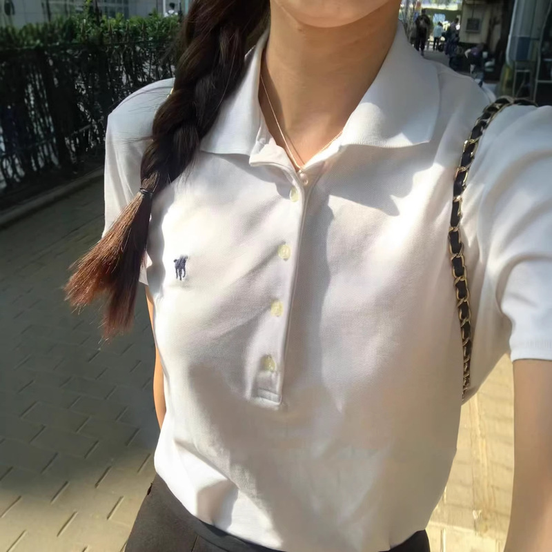 Rl Ralph Lauren American Retro Pure Cotton Embroidered Short-Sleeve Polo Shirt for Women with Five Buttons Slim Fit