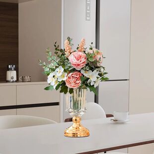 歐式輕奢水晶玻璃花瓶高檔餐廳擺放餐桌仿真花干花插花器裝飾