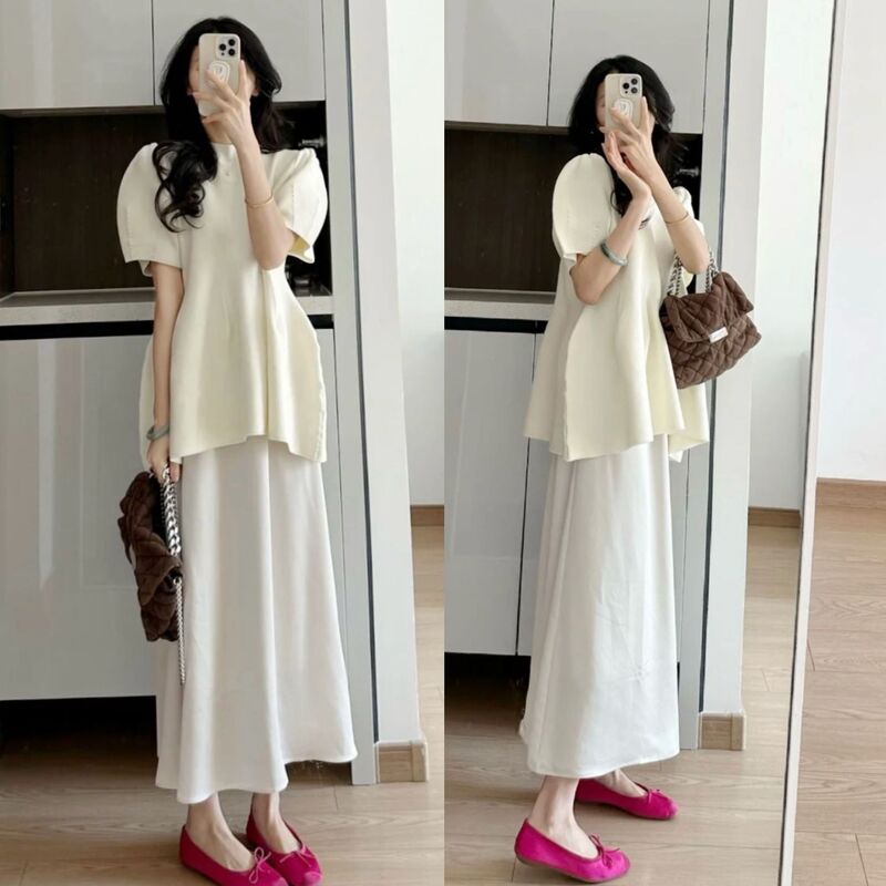 Clothing number homemade South Korea designer three-dimensional small black skirt top short sleeve women's knitted top retro bubble sleeve design