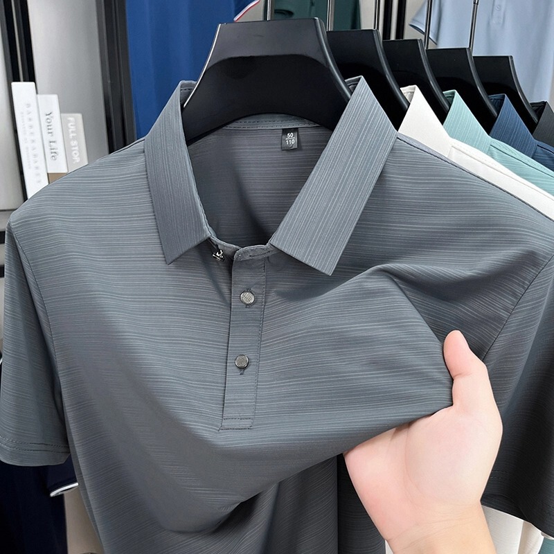 中年男性向け半袖Tシャツ、カジュアル無地ポロシャツ、夏用ラペルアイスシルク通気性半袖トップス、ドロップシッピング|undefined