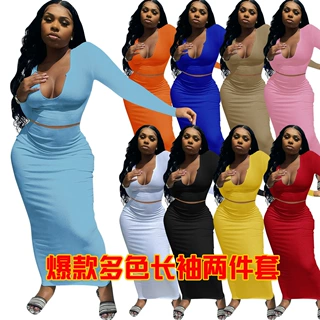 2021欧美女装亚马逊女装性感欧美 V领 长袖短上衣+半裙 两件套