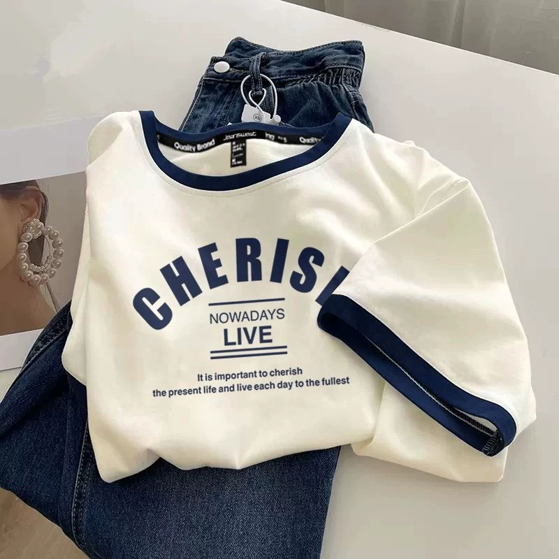 Хлопковая рубашка с короткими рукавами для женщин, новинка 2025 года, летняя американская ретро-футболка контрастного цвета с круглым вырезом, утягивающая верхняя рубашка