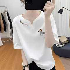 ヨーロッパ大きいサイズの純綿半袖Tシャツ女性用2025夏新作白ゆったりシンプル万能Tシャツトップス