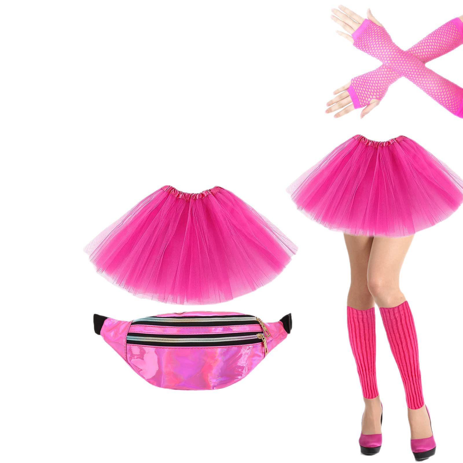 1980s fiesta de baile fiesta fiesta de color neón diadema diadema aretes red de pesca guantes piernas conjunto cálido conjunto de falda tutu