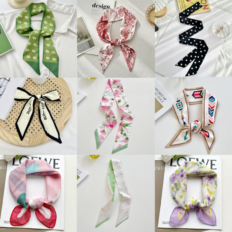 Personalidad correa de cabello larga bufandas de seda femeninas estilo coreano amplio correa de cabello bolsa de impresión decoración bufandas flotantes personalizadas exclusivas