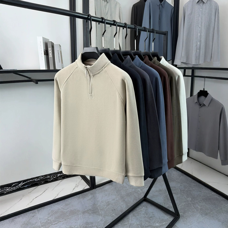 Winter men's half-zip stand-up collar sweatshirt, double-sided German velvet wool base shirt, casual versatile long-sleeve thermal top