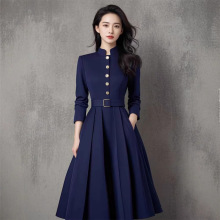 冬季硫酸铜蓝穿搭法式高端精致轻奢高级感正式场合蓝色收腰连衣裙