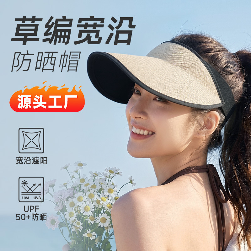 Open-Top Sun Hat for Women, Summer Sun Protection Hat with Logo, New Style Face-Covering Uv Protection Open-Top Straw Hat