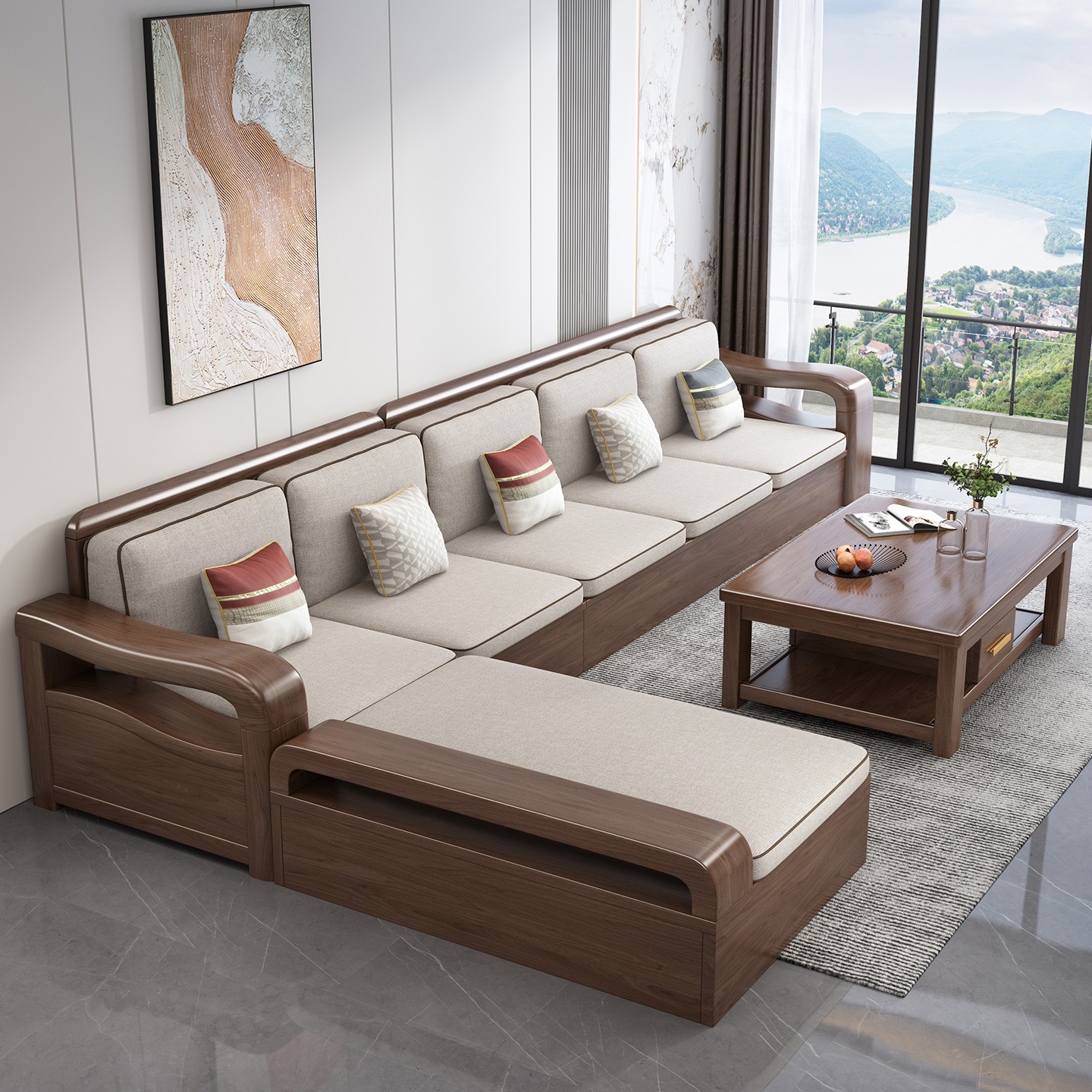 德式胡桃木实木沙发组合现代简约小户型储物木质家具套装客厅沙发