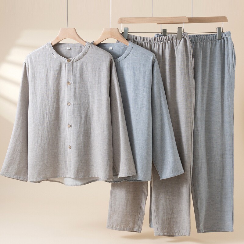New Tencel Linen Cotton Pajamas Home Wear Men's Suit Long-Sleeved Trousers Linen Round Neck Spring Summer Autumn Winter Solid Color