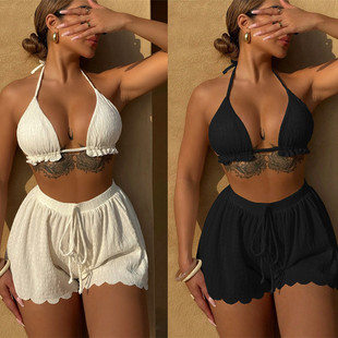 AliExpress 2024 European and American three-piece bikini solid color sexy women's split swimsuit triangle swimsuit D659WY