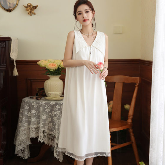 Wide Shoulder Strap Sling Nightgown Women's Summer French Style Lace Comfortable Pajamas Long with Chest Pad for Outer Wear Home Cotton