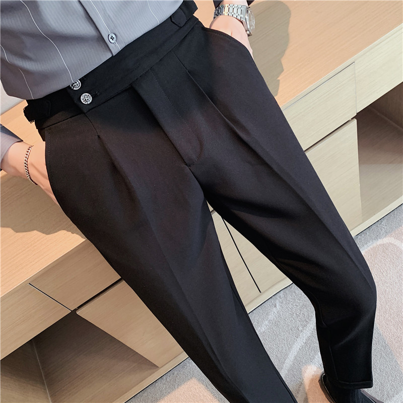Pantalones de traje de los hombres naples italianos pantalones de cintura alta pantalones de los hombres de otoño e invierno teñido de hilo oscuro a rayas de calidad pantalones casuales