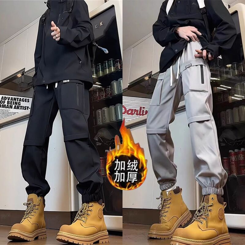 American Functional Waterproof Softshell Pants for Men 2025 New Trendy Brand Autumn and Winter Fleece-Lined Casual Jogger Cargo Pants with Pockets