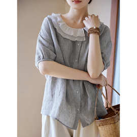 100%亚麻雨露麻细支色织条纹布夏季新款褶皱娃娃领衬衫