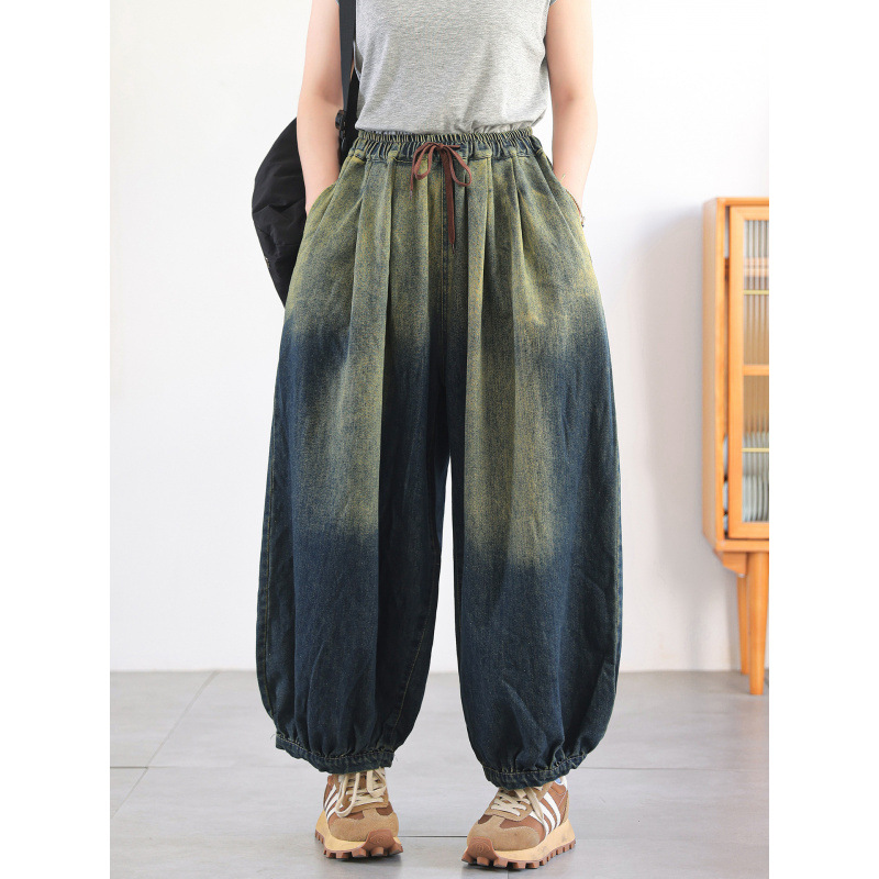 Vintage Washed Distressed Tie-Dye Gradient Color Women's Fashion Plus-Size Loose Pleated Jogger Wide-Leg Lantern Pants