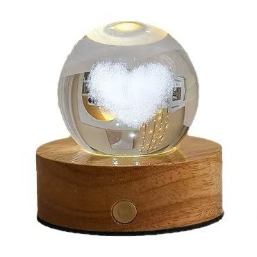 Lámpara de Noche de Bola de Cristal 3D de Cristal y Madera Giratoria para Dormitorio