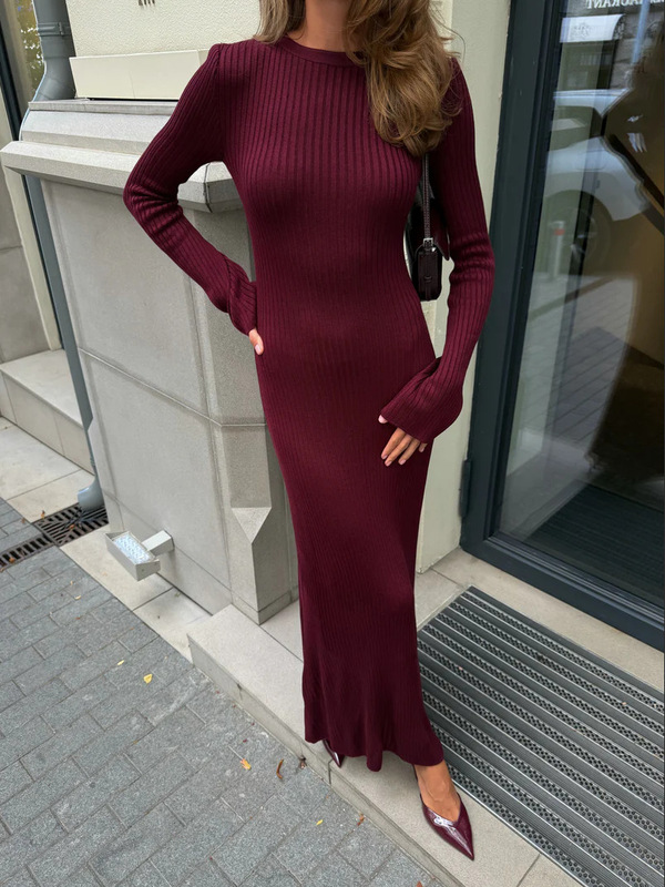 欧美气质纯色高级感质感长裙法式赫本风灰色针织连衣裙女秋冬内搭|undefined