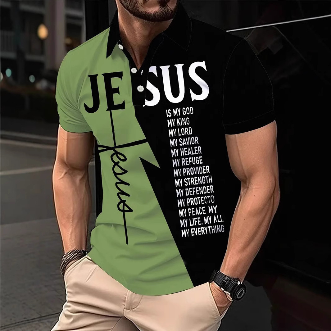 Hombre europeo y americano casual transfronterizo delgado hombre letras a juego de colores impresión digital solapa de manga corta poloMB13