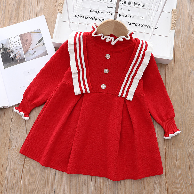 Automne et hiver filles laine bord d'oreille en bois col rond à manches longues robe de princesse petite fille 90-130 taille Western_voghion.com