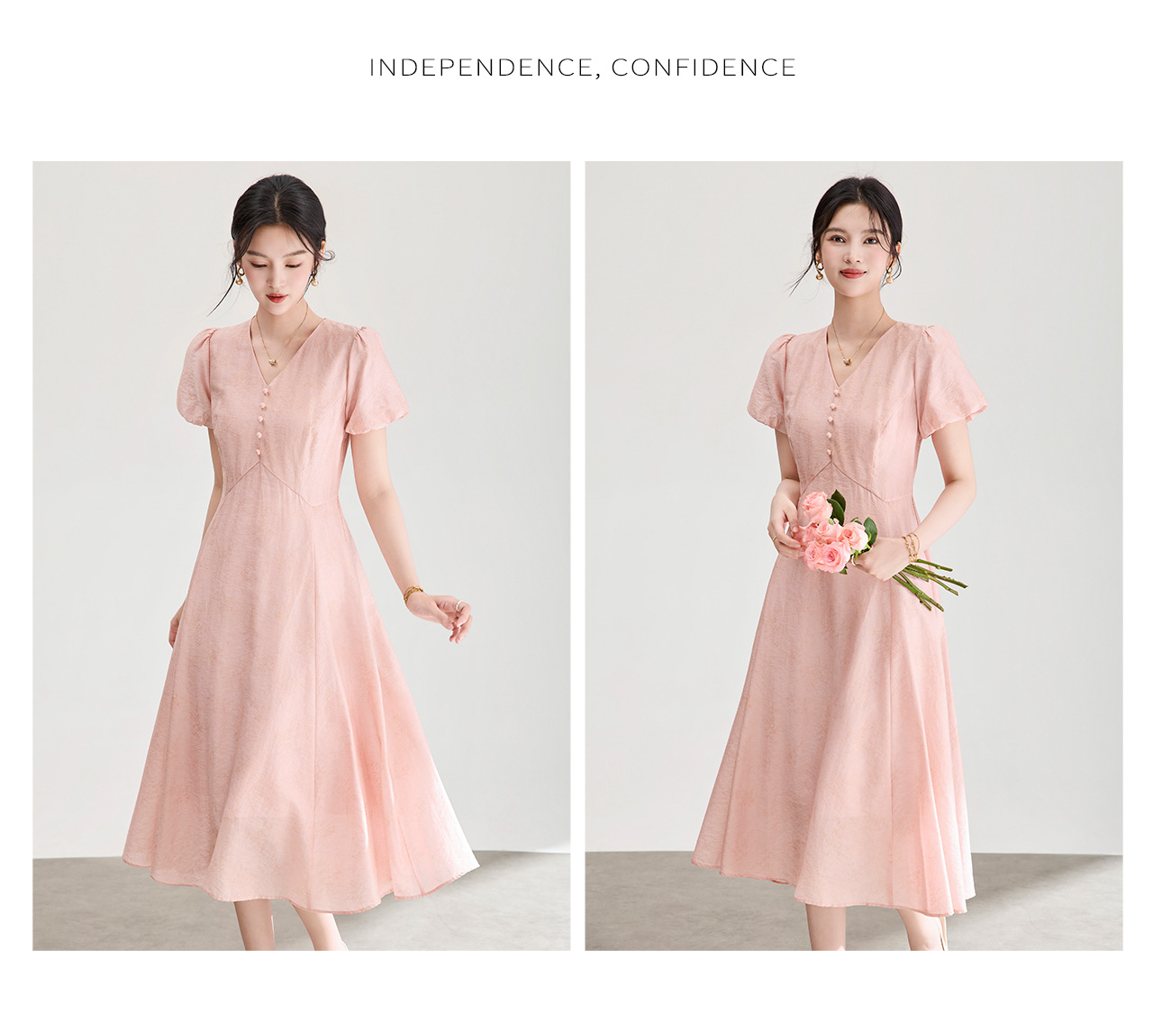 Đầm chữ A cổ V dáng suông midi họa tiết jacquard tối màu — xanh lam chi tiết 13