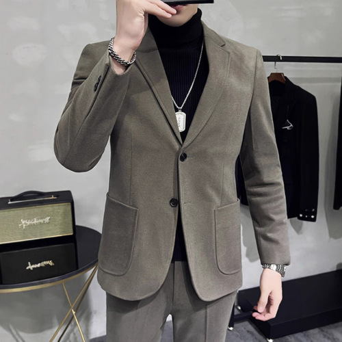Autumn/Winter Men's Thick Wool Blazer Korean Style Overcoat Cool Trendy High-End Slim Fit Casual Blazer