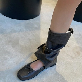 Sheepskin Version ~ Korean Genuine Leather Bow Ballet Boots Women's Ballet Shoes Mary Jane Shoes Long Boots High Boots