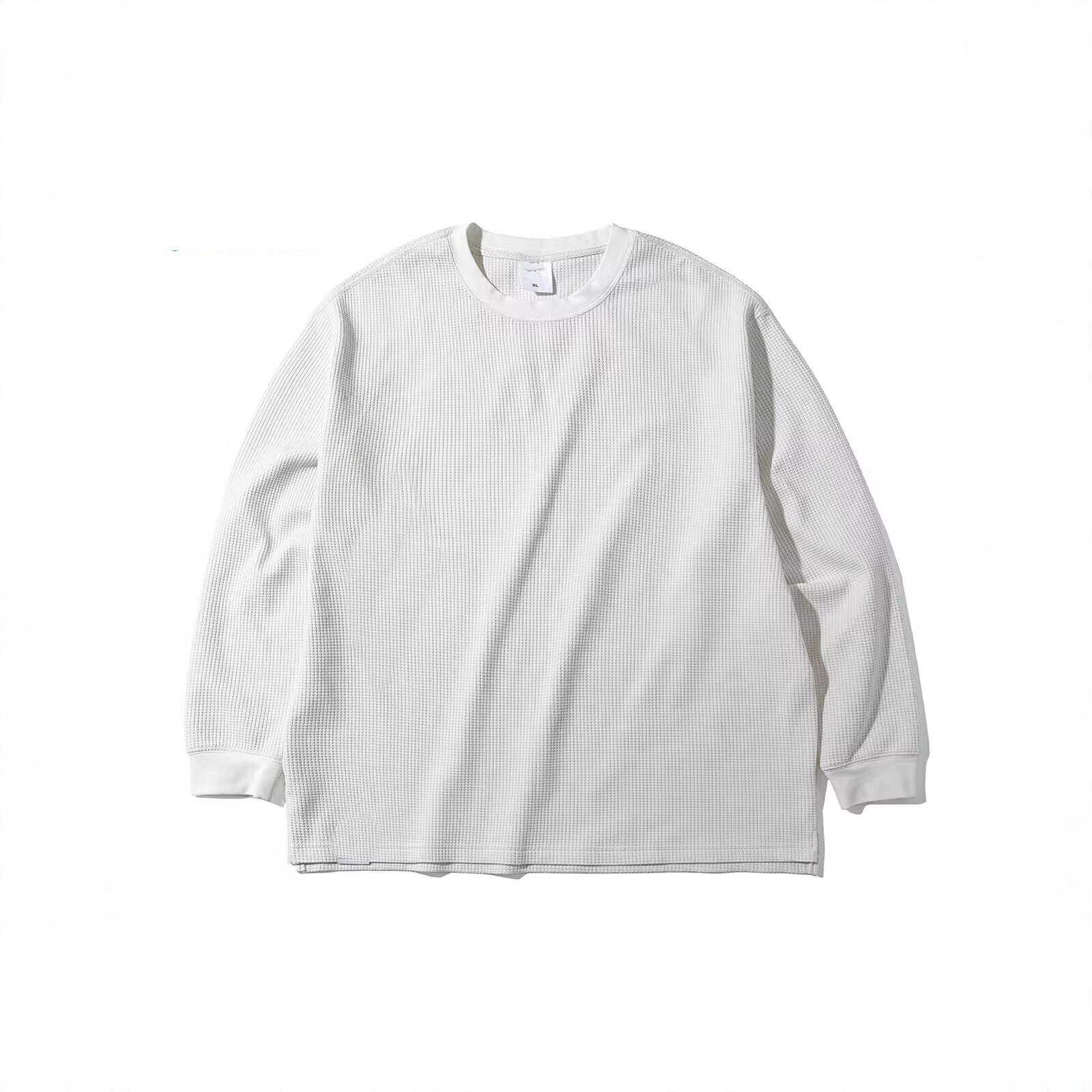 Herrenbekleidung Waffelstrick-Langarmshirt mit geschlitztem Saum und lockerer Passform – Lässiges Oberteil mit Rundhalsausschnitt und strukturierten, taillierten Bündchen_voghion.com