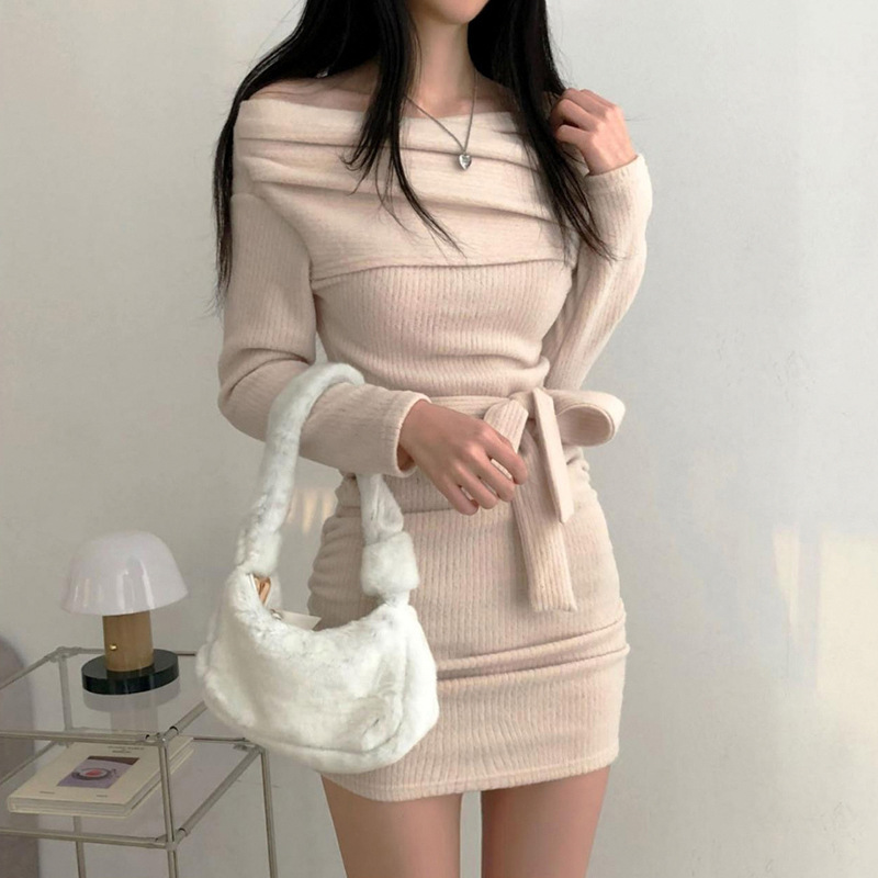 simple cross one word collar slim long sleeve solid color dress NSGWY139455