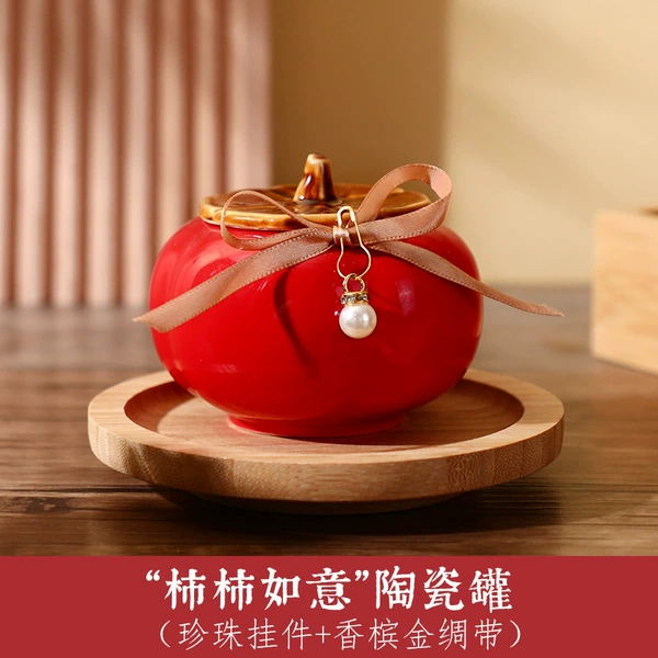 [Large] Ceramic Persimmon Jar-[Red] Persimmon Ruyi+Pearl+Champagne Ribbon