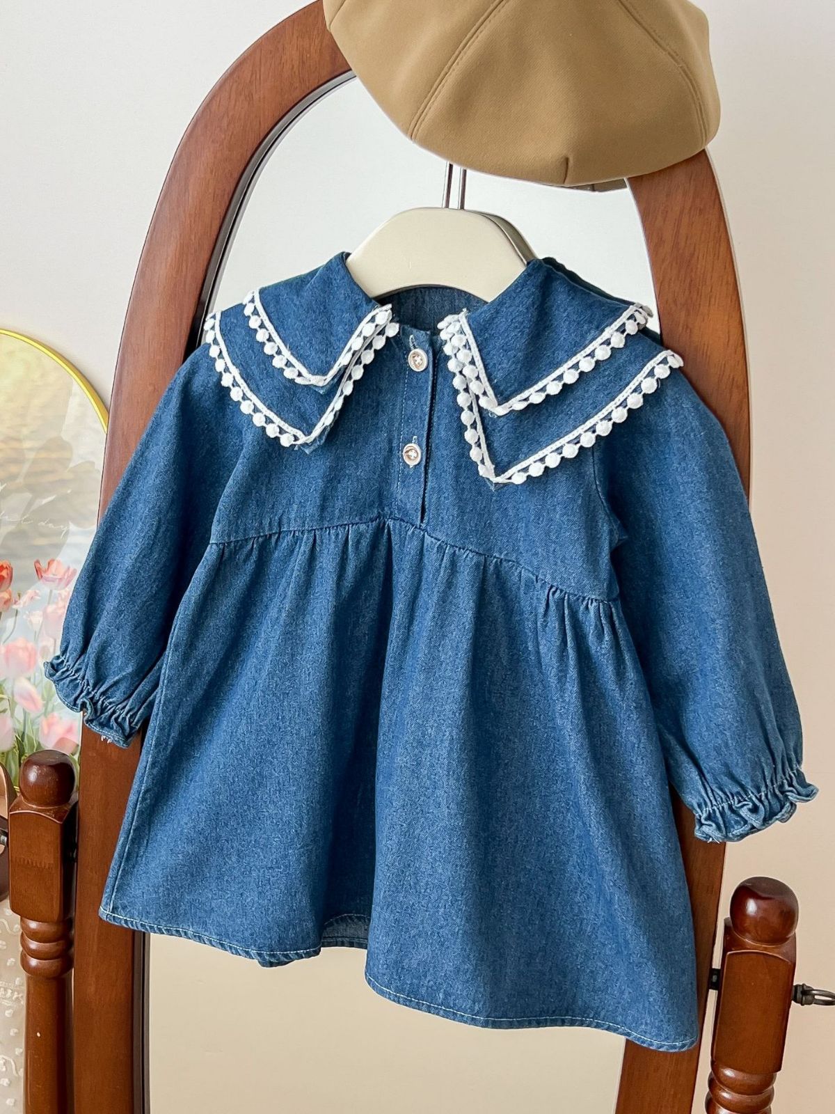 柠里 Dress girl's, fashionable cute doll, denim skirt, western style, children's clothing, doll collar