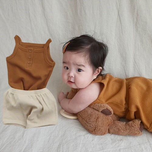Newborn summer clothes, baby summer waffle tank top shorts suit, summer baby home clothes