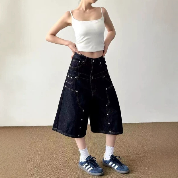 High-Quality American Retro Street Style B01 Double-Knee Raw Denim Shorts with Rivets and Double Waistband for Men and Women, Mid-Length Pants