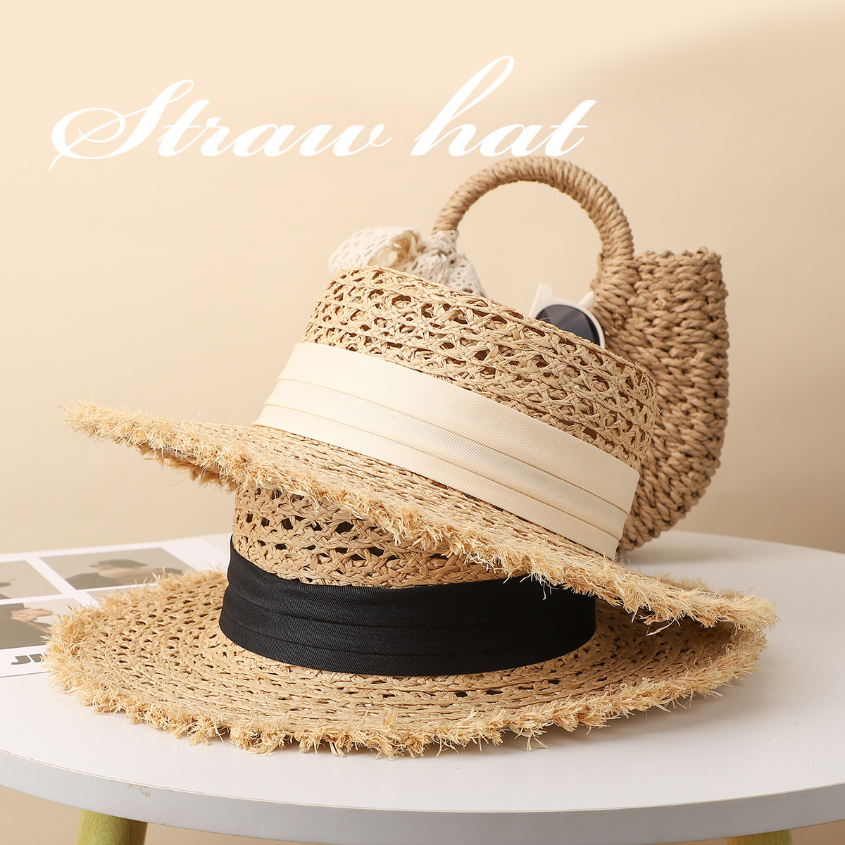 Chapéu de sol de ráfia estilo hepburn com bordas desfiadas_voghion.com